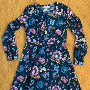 LOFT dark teal, floral, long sleeved dress